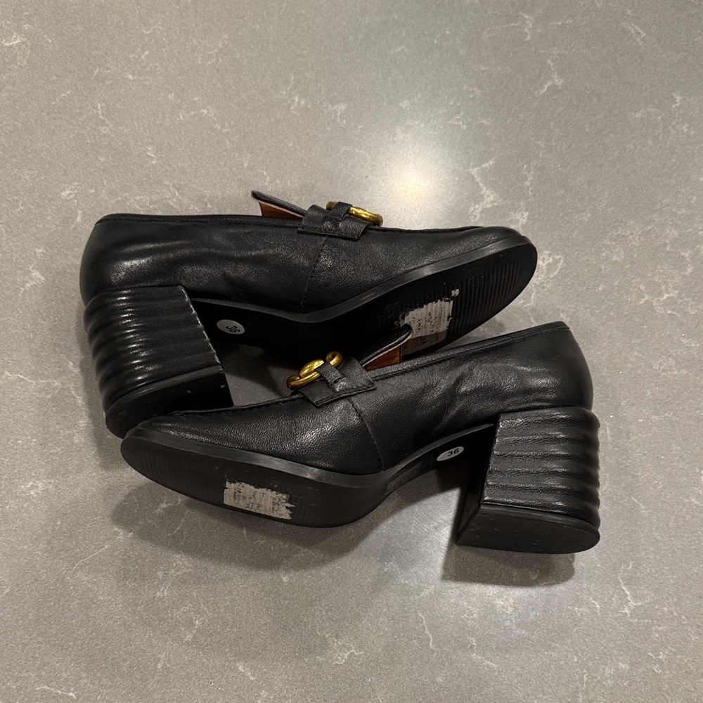 Saint Grace Black Leather Heeled Loafers with Gold Hardware - Picture 6 of 8